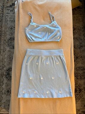 Pacsun Light Blue Daisy-Embroidered Knit Skirt And Top Set - Women's